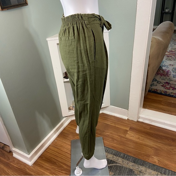 Forever 21 army green Linen blend Tie-Waist Cropped Pants tapered paper bag S - Picture 5 of 12